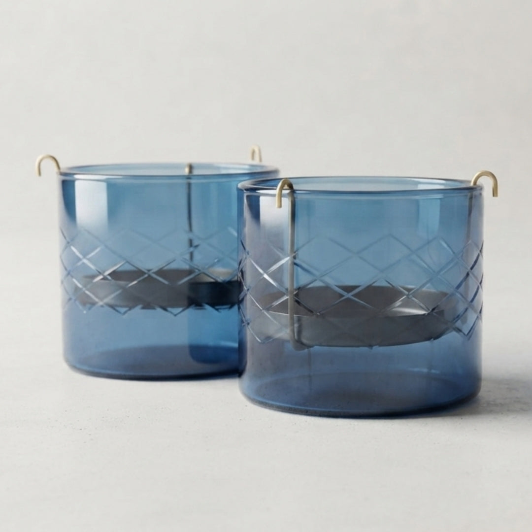 Set of 2 Blue Glass Votives with Internal Metal Tea Light Holders