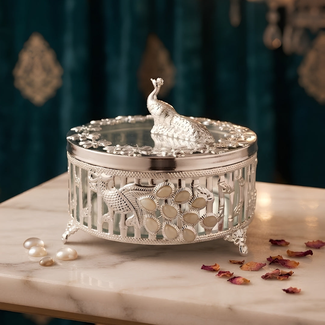 white metal Decorative Silver Peacock Design Round Storage Box with Lid