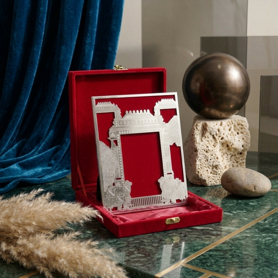 Silver Plated Pichwai Kamdhenu Cow Photo Frame (Red Velvet Gift Box)
