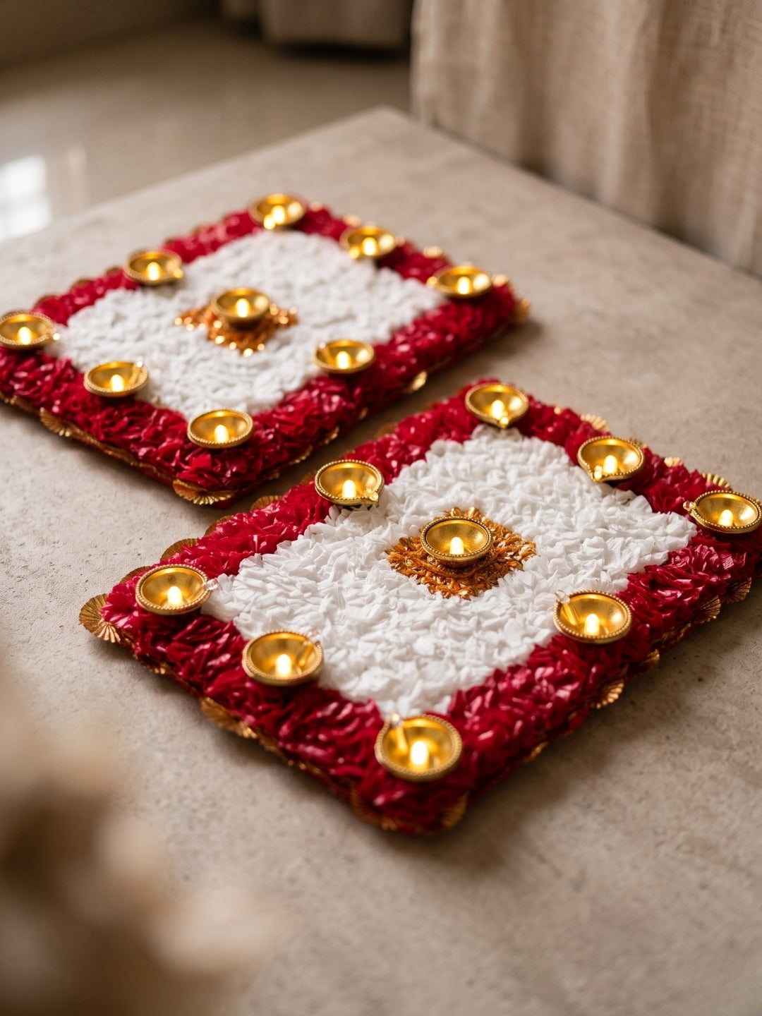 Artifical marigold rangoli set of 2 with LED diyas - Rectangle Red & white