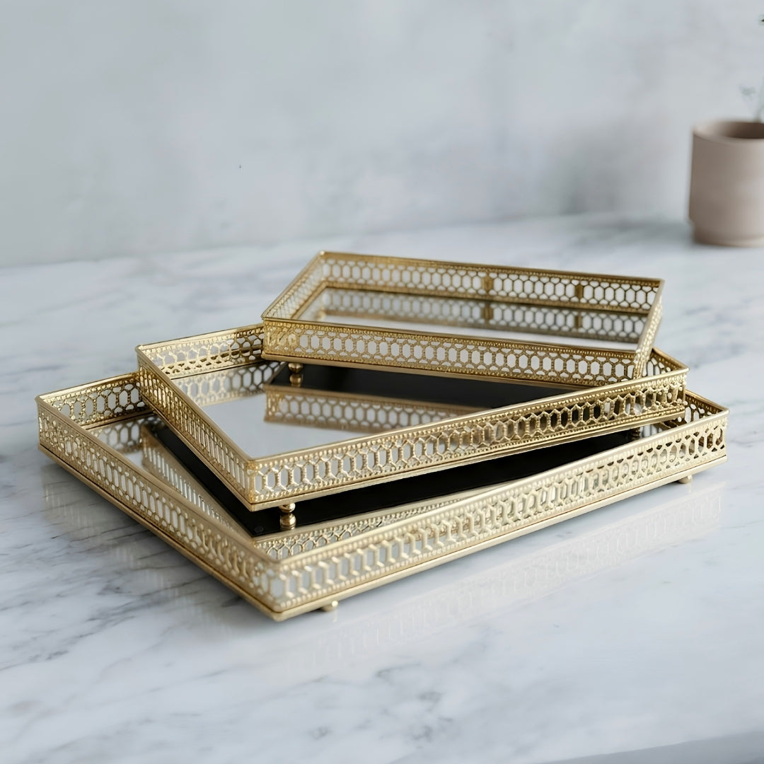 Decorative Gold Mirrored Tray Set 3