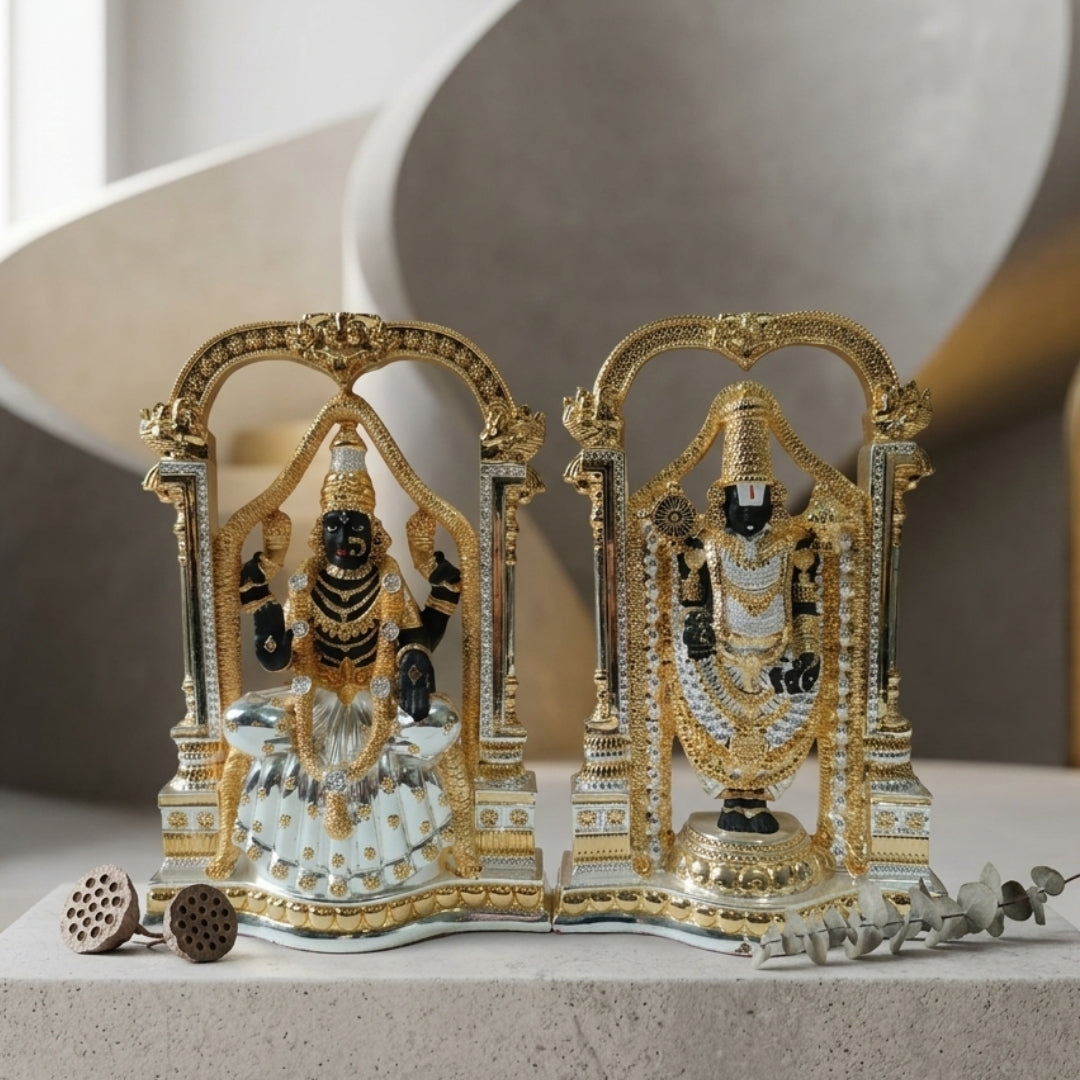 The Home Co. 999 Pure Silver & 24K Gold Plated Tirupati Balaji & Padmavathi Murti Set | Premium Dual-Tone Divine Idols for Mandir & Corporate Gifting