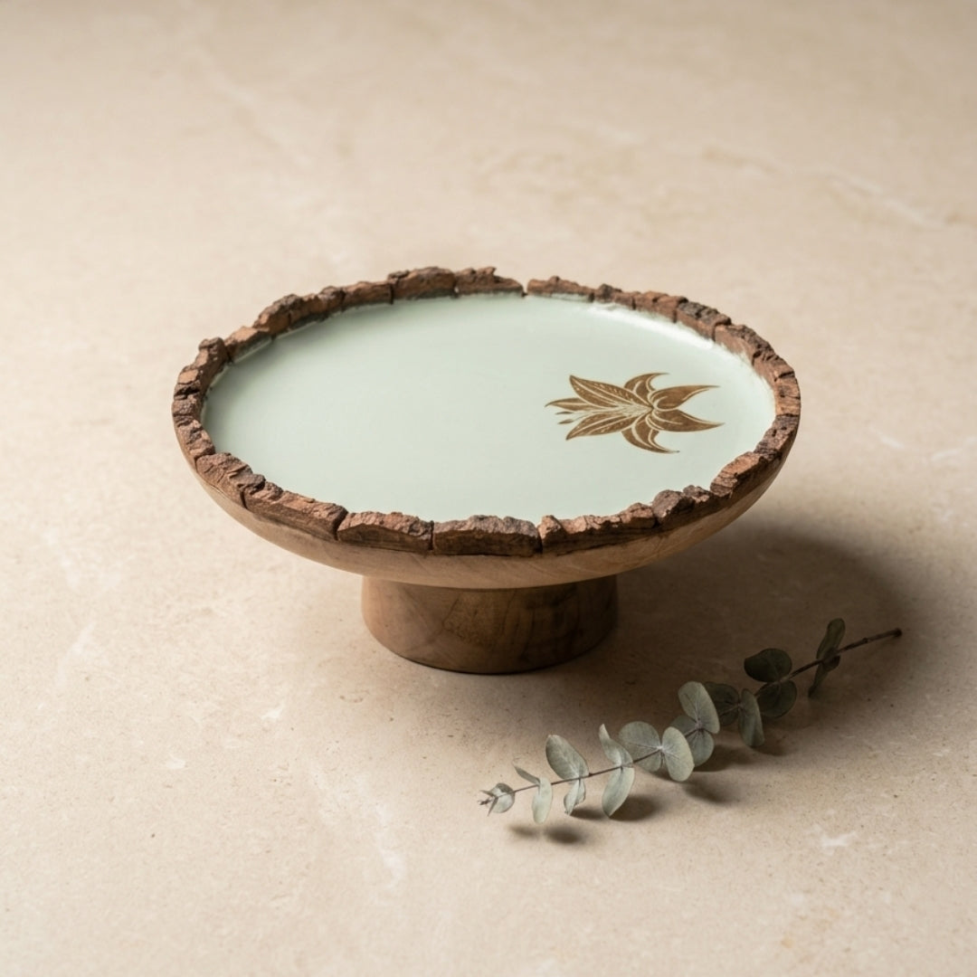 Green Enamel Wooden Cake Stand with Tulip Foil Print