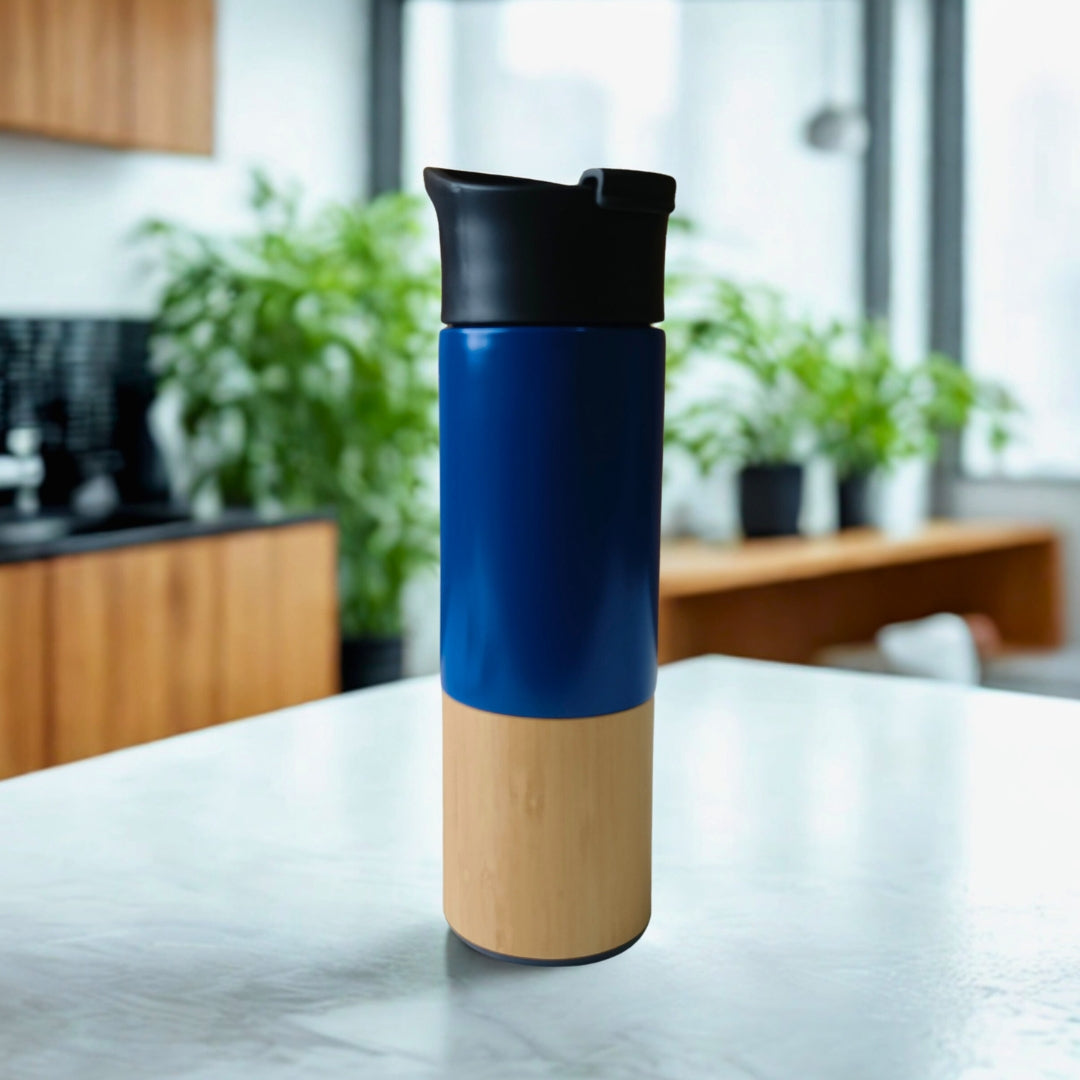 Blue Stainless Steel Sipper With Bamboo Base
