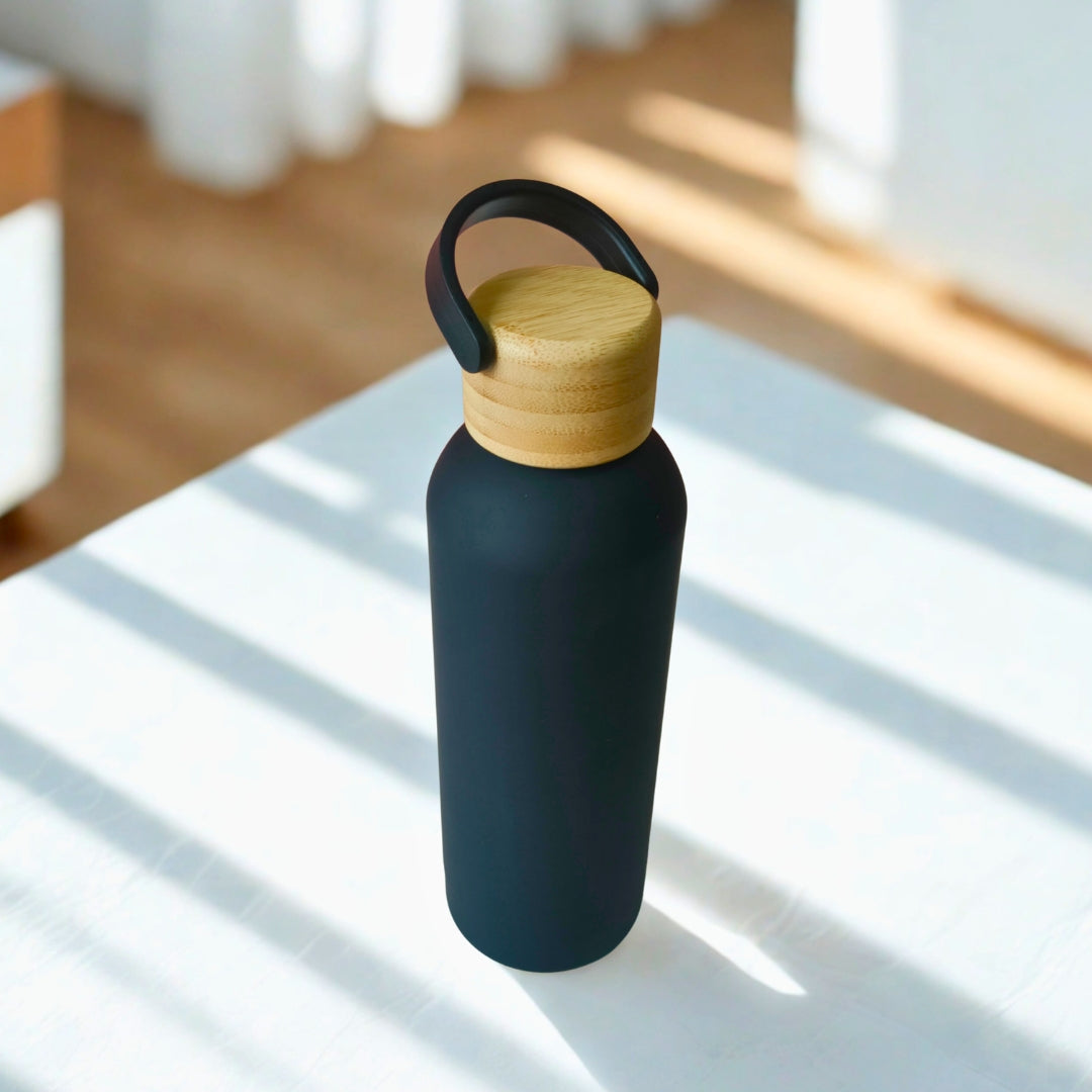 Black Stainless Steel Insulated Bottles With Bamboo Lid And Handles(750ml)