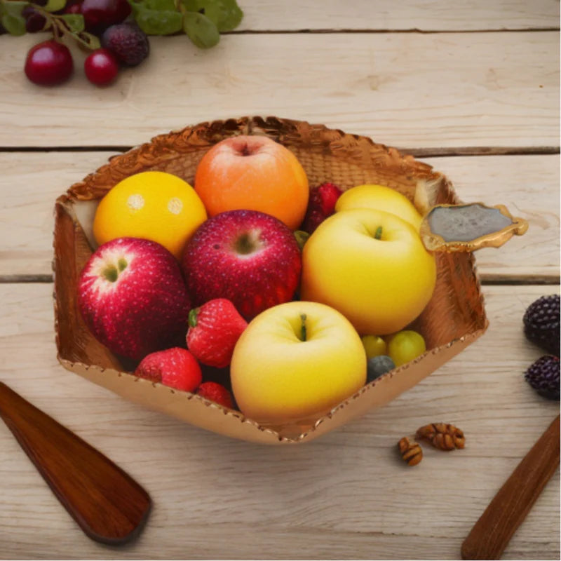 Metal Copper Plated Hexagon Bowl With Agate Stone