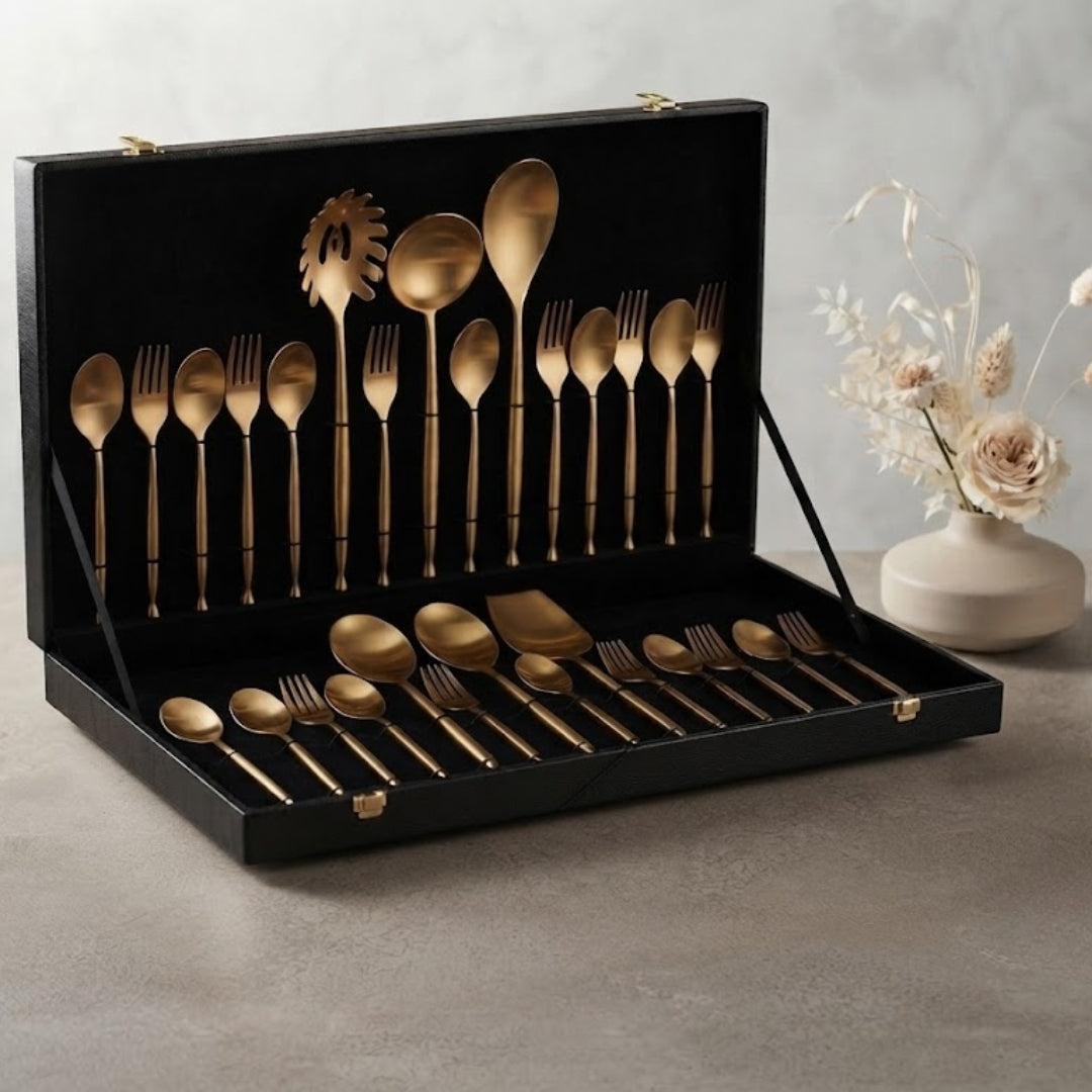 30 Pcs Matte Gold Stainless Steel Cutlery & Serving Set in Box