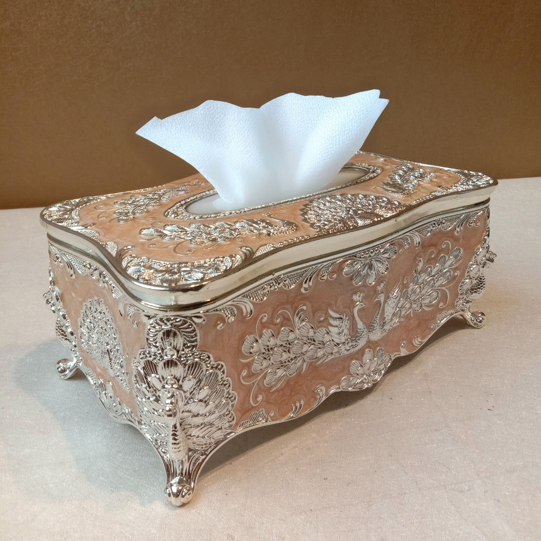 Tissuebox-white metal with peach enamel peacock design
