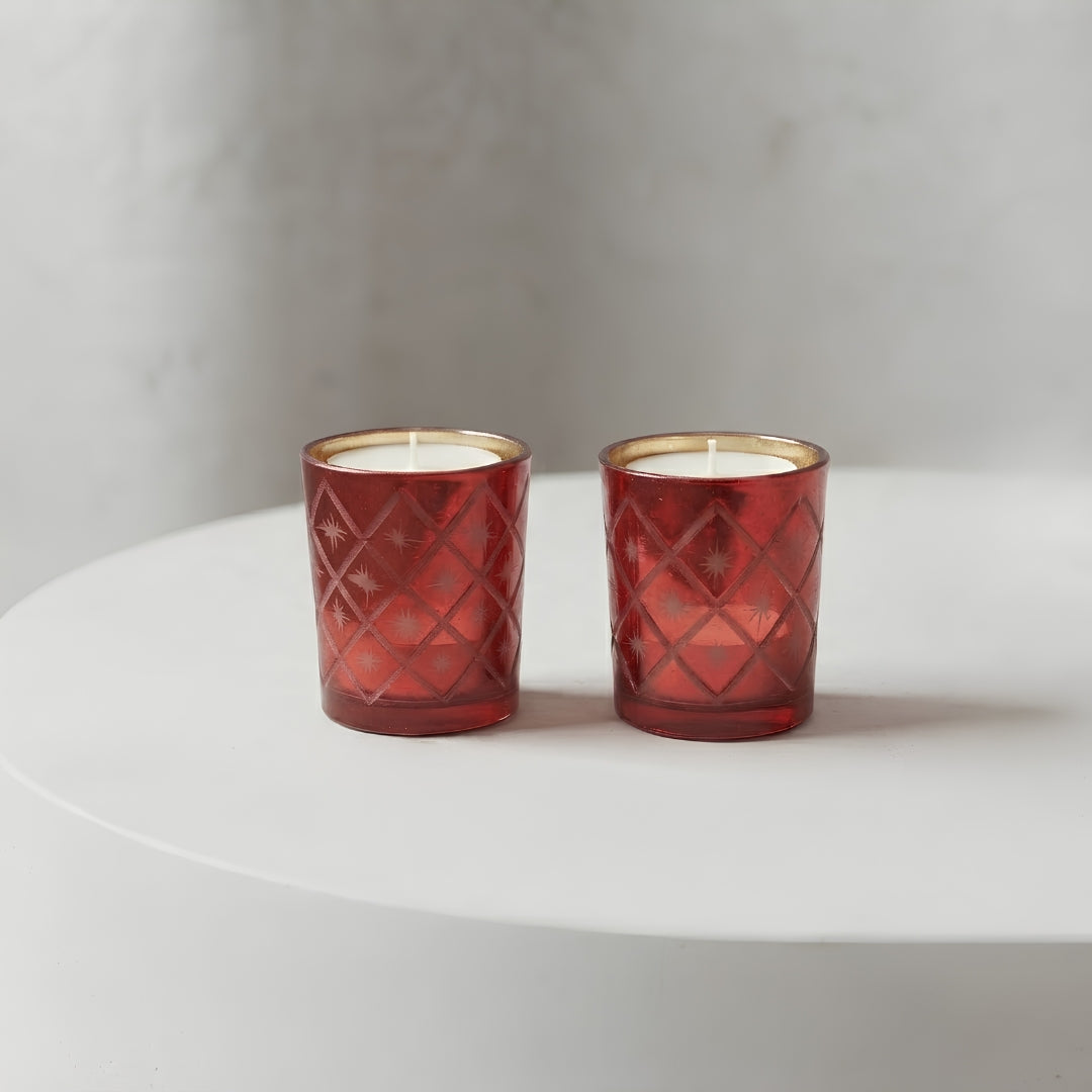 Etched Red Glass Votive Candle Holders - Elegant Set of 2