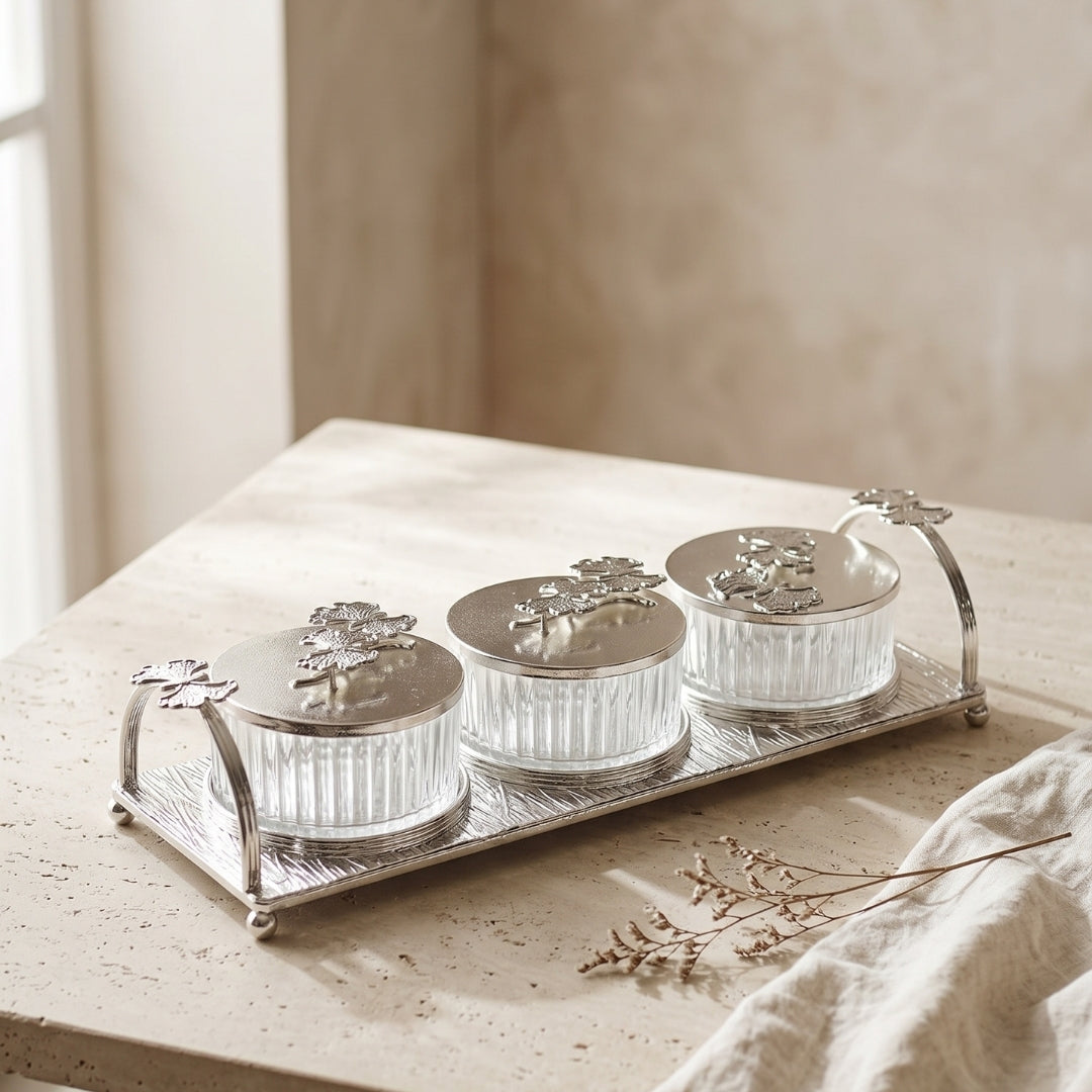 White metal Silver Plated Glass Jar Set with Decorative Tray and Lids - 3 pc set