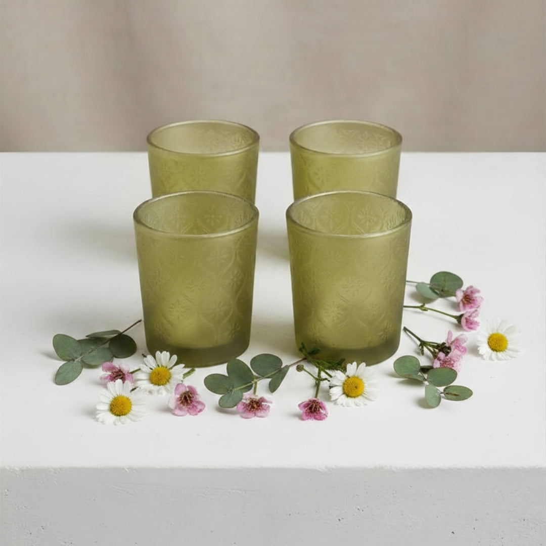 Mughal-Etched Gold Glass Votive Candle Holders - Set of 4 Elegant Votives