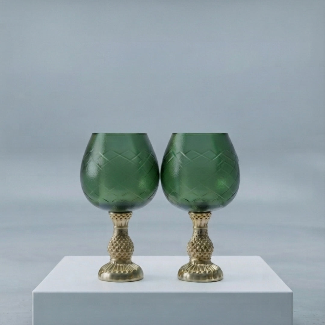 Green Glass Chalice Candle Holders - Elegant Small Set of 2