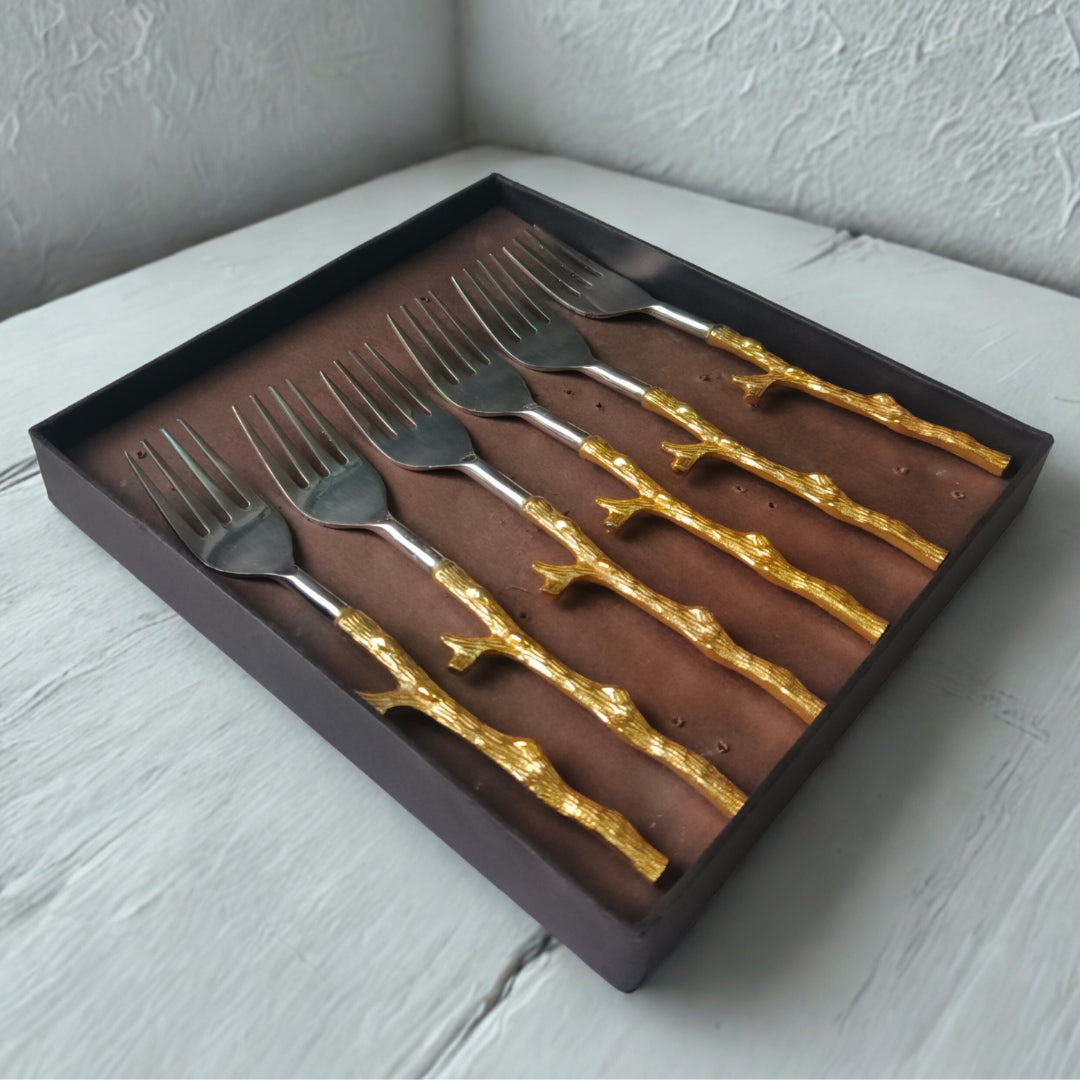 Cutlery Set Of 6 - Gold Twig Design Table Fork