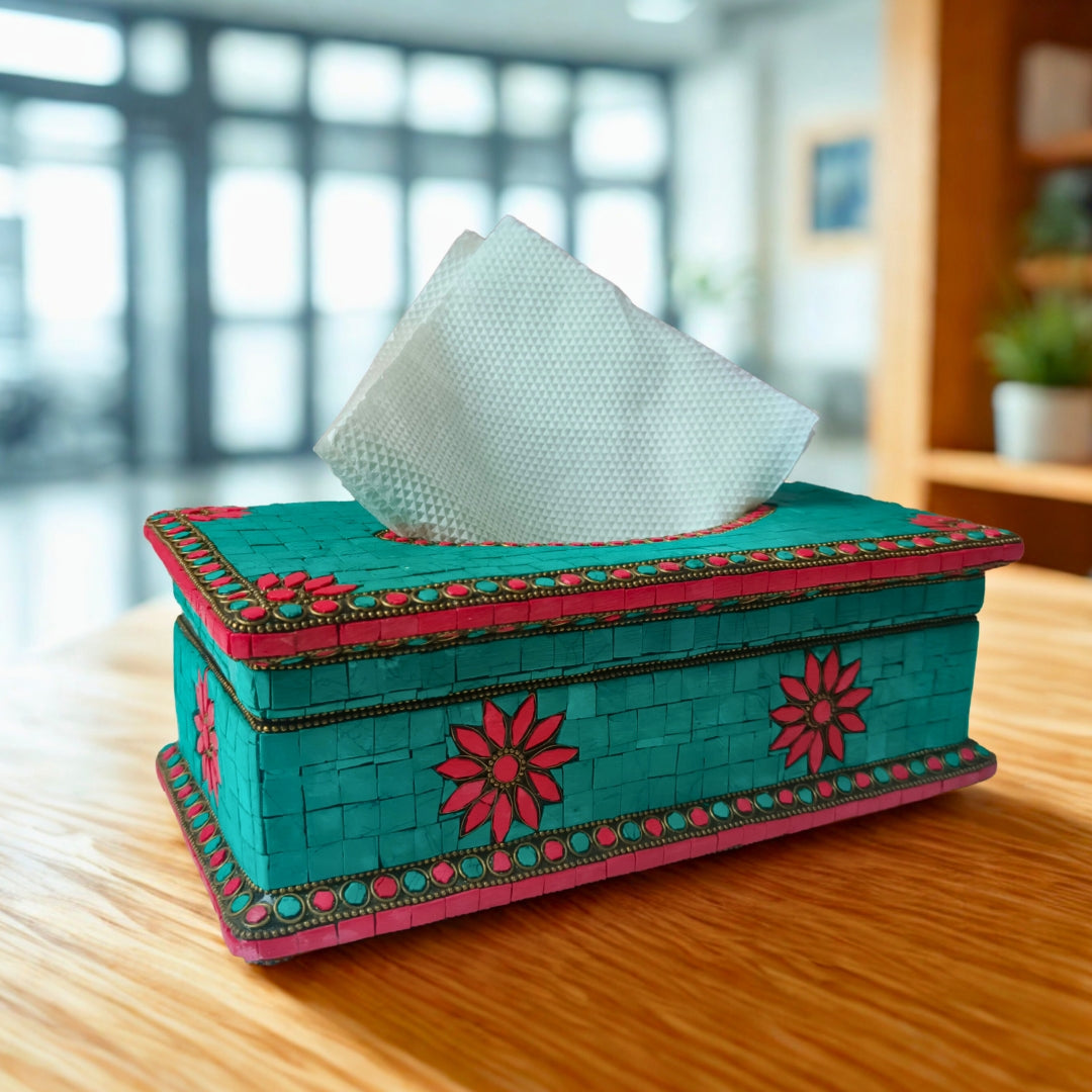 Tissue Box - Wooden Green & Red Mosaic Chips