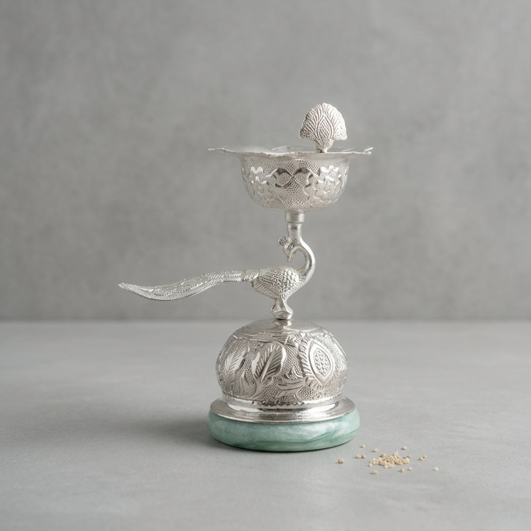 Luxury Silver Plated Peacock Samai Diya with Green Quartz Base & Velvet Box