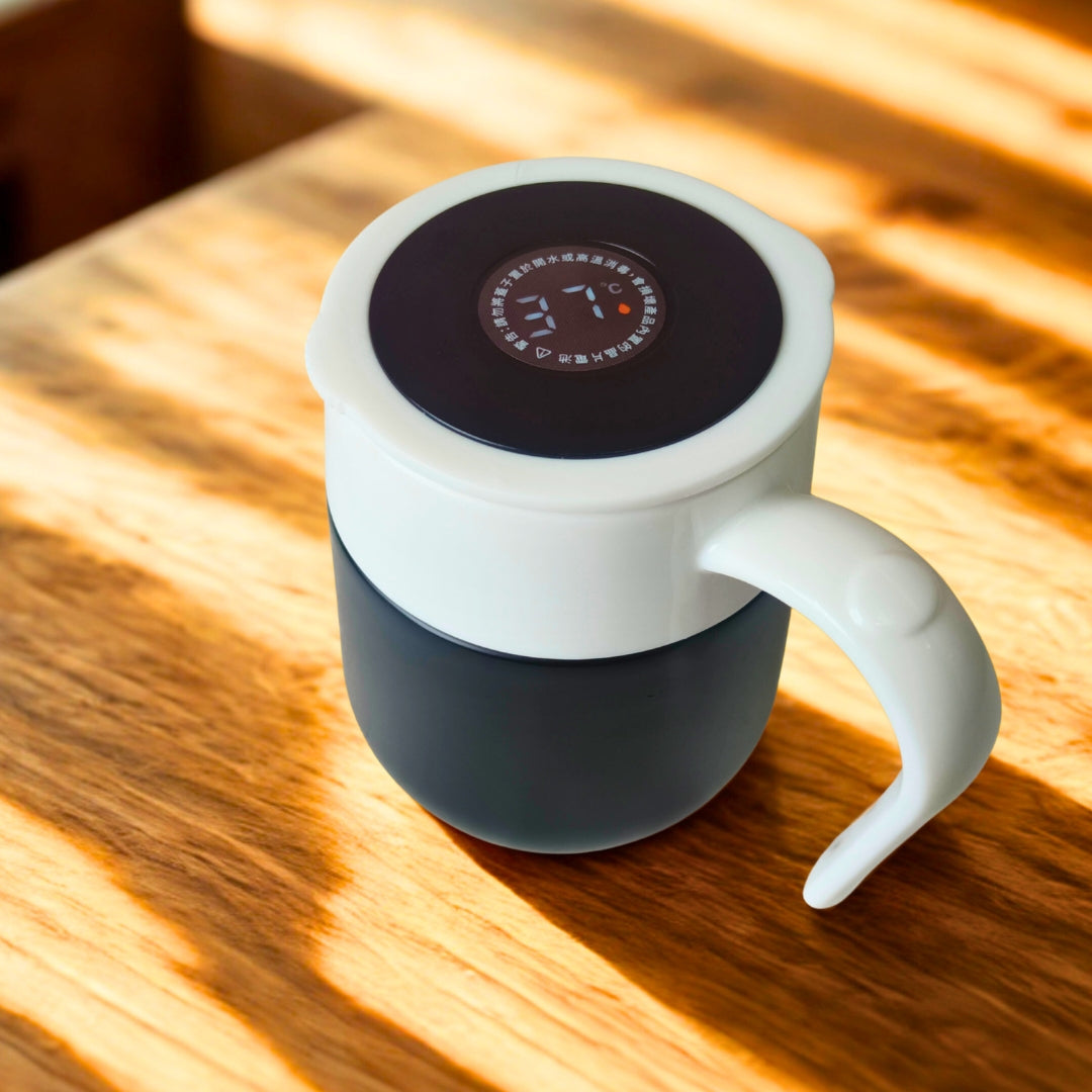 Black & White Temprature Measure Mug With Stainless Steel Insulted And Plastic Body