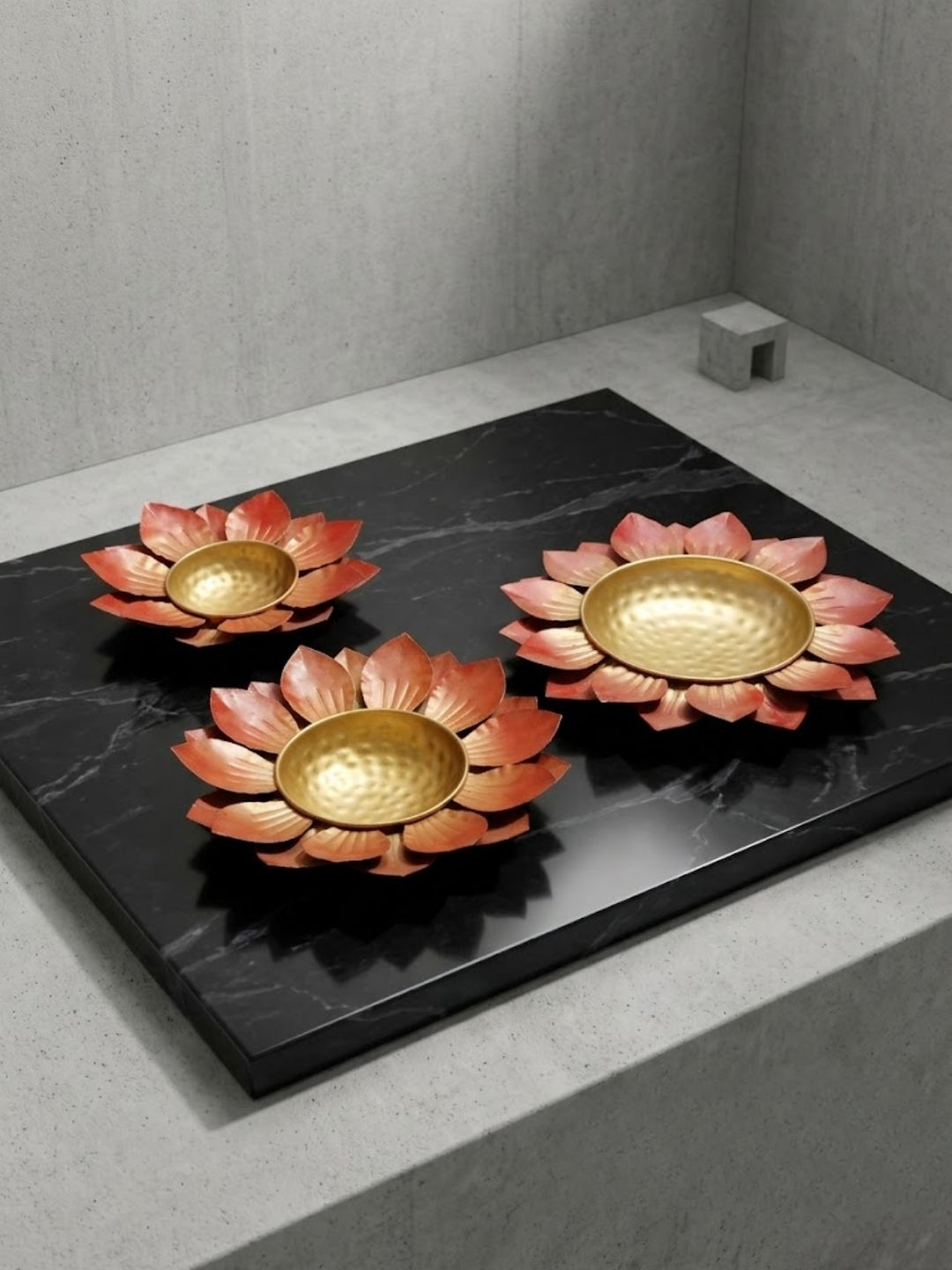 Metal red & gold colour lotus shape urli - set of 3