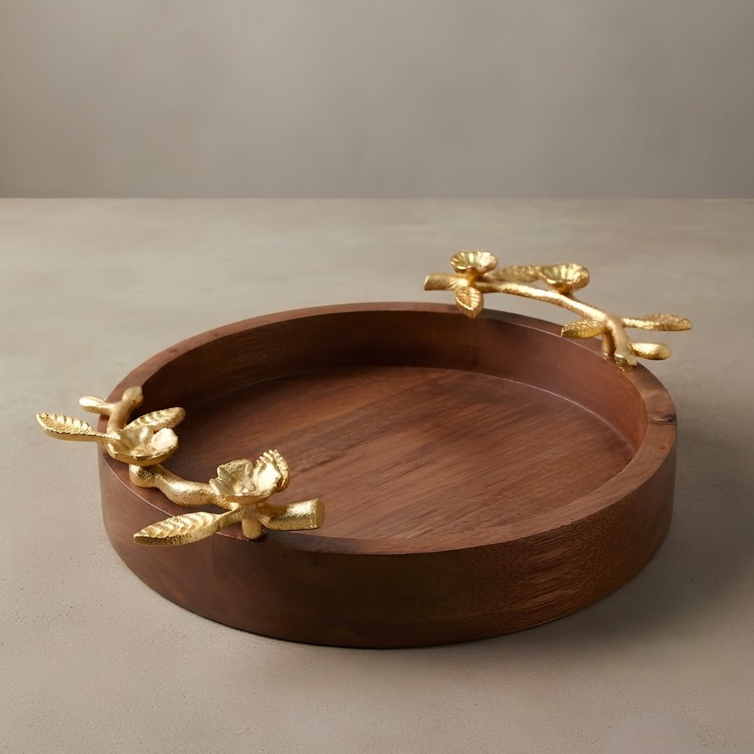 Wooden Small Round Serving Tray with Gold Floral Branch Handles
