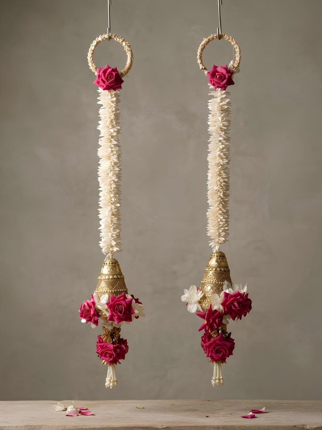 Artificial gajra with metal cone and pink rose sidehanging set of 2 - Small