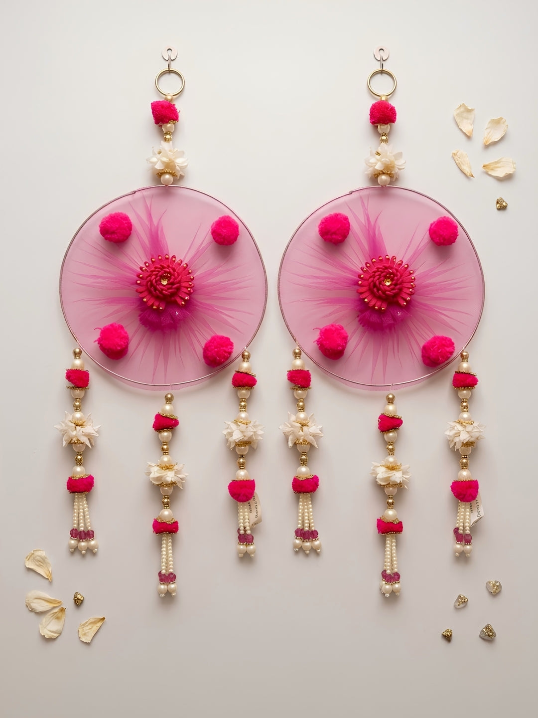 Dark Pink Pom-Pom & Pearl Festive Side Hangings