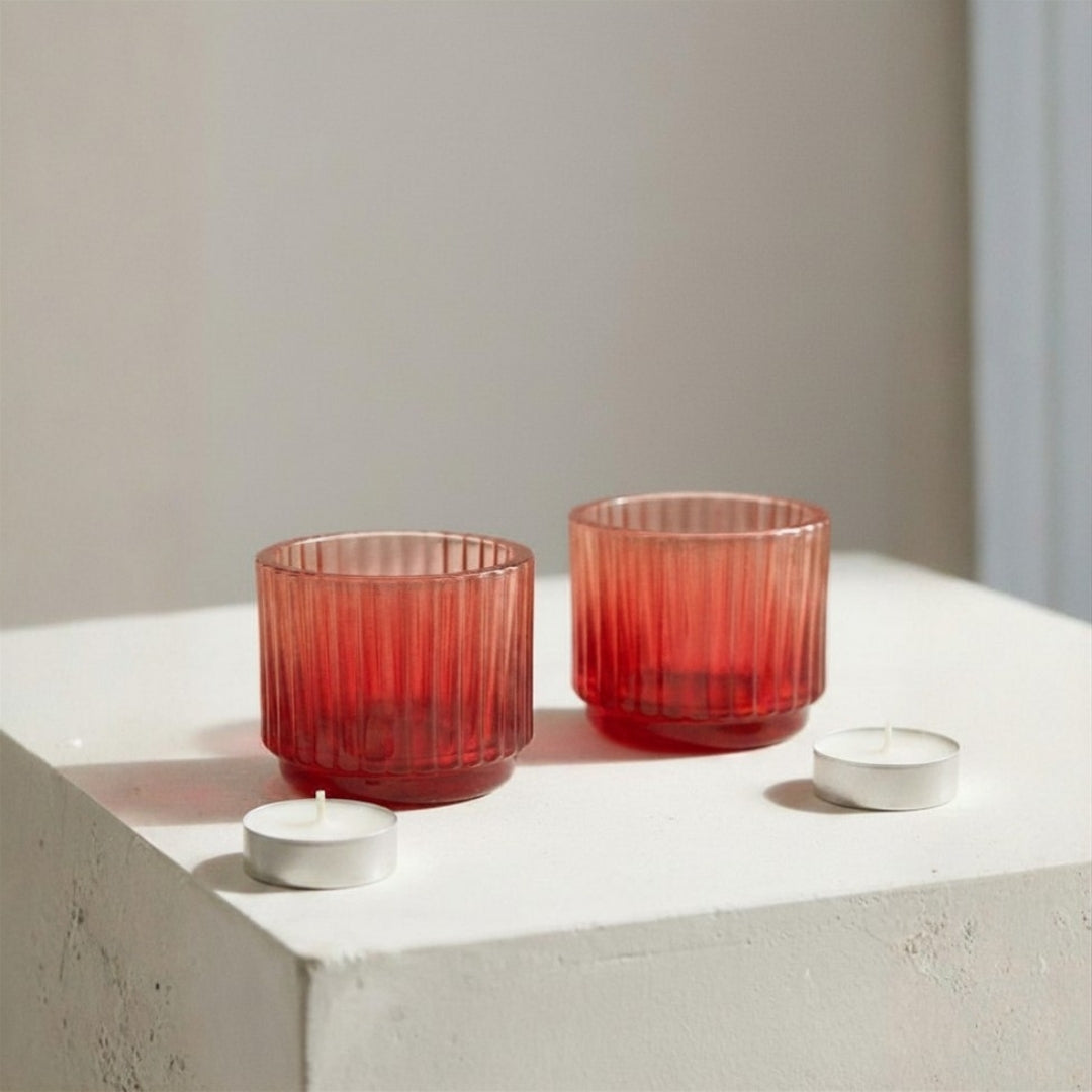 Set of 2 Red/Peach Ribbed Glass Tea Light Holders