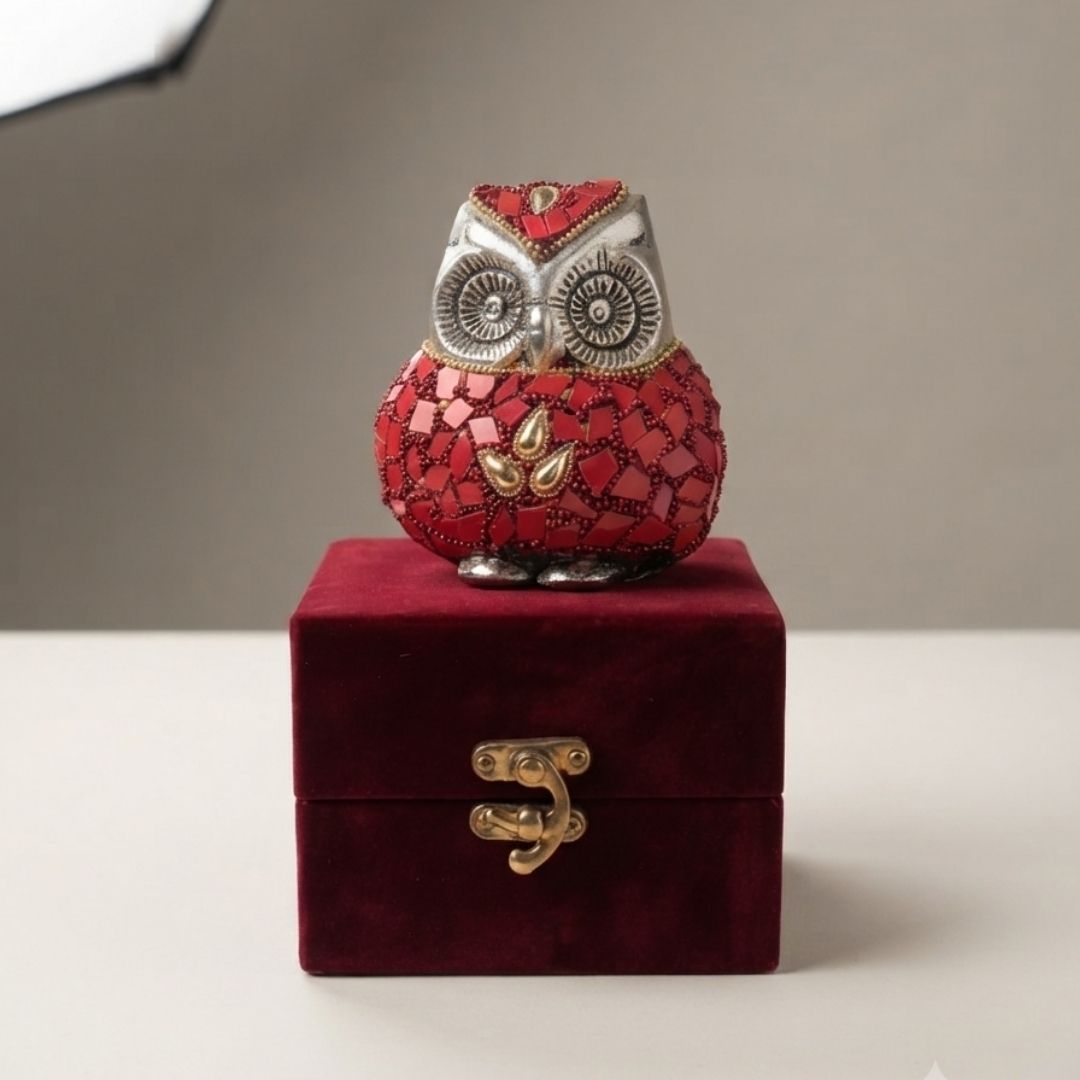 Silver Plated Red Mosaic Owl Figurine in Red Velvet Box for Home Decor