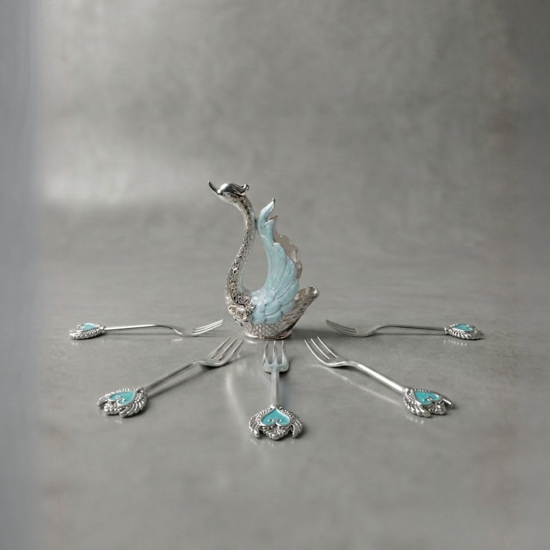 Blue Metal Swan Holder with Set of 6 Dessert Forks in Premium Gift Box