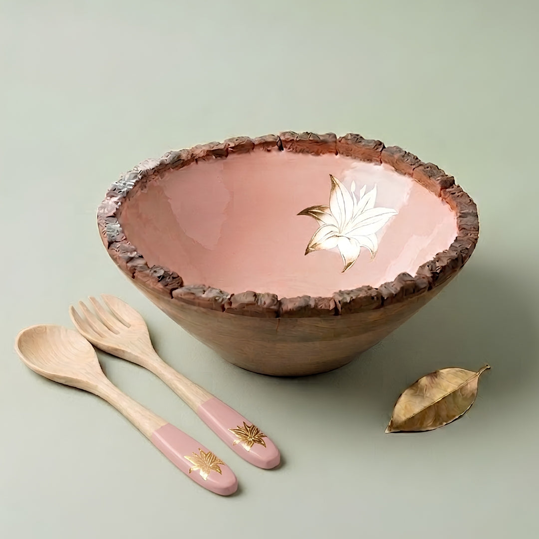 Peach Enamel Wooden Salad Bowl with Tulip Foil Print