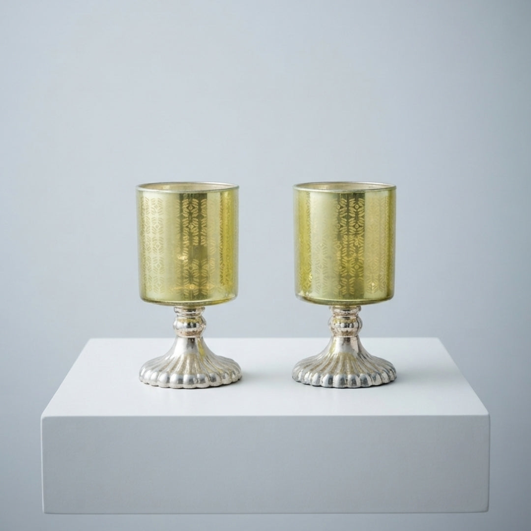 Set of 2 Green Leaf-Etched Glass Pedestal Tea Light Holders
