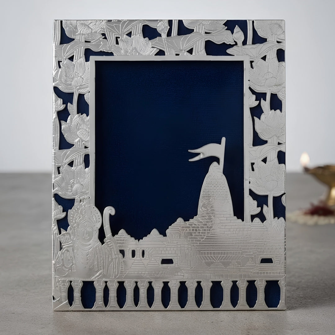 Silver-Plated Ram Mandir & Lotus Design Velvet Photo Frame