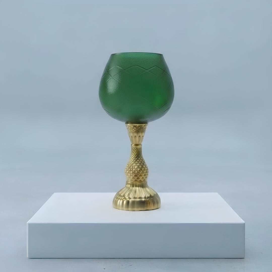 Large Green Glass Chalice Candle Holder - Elegant Pedestal Stand