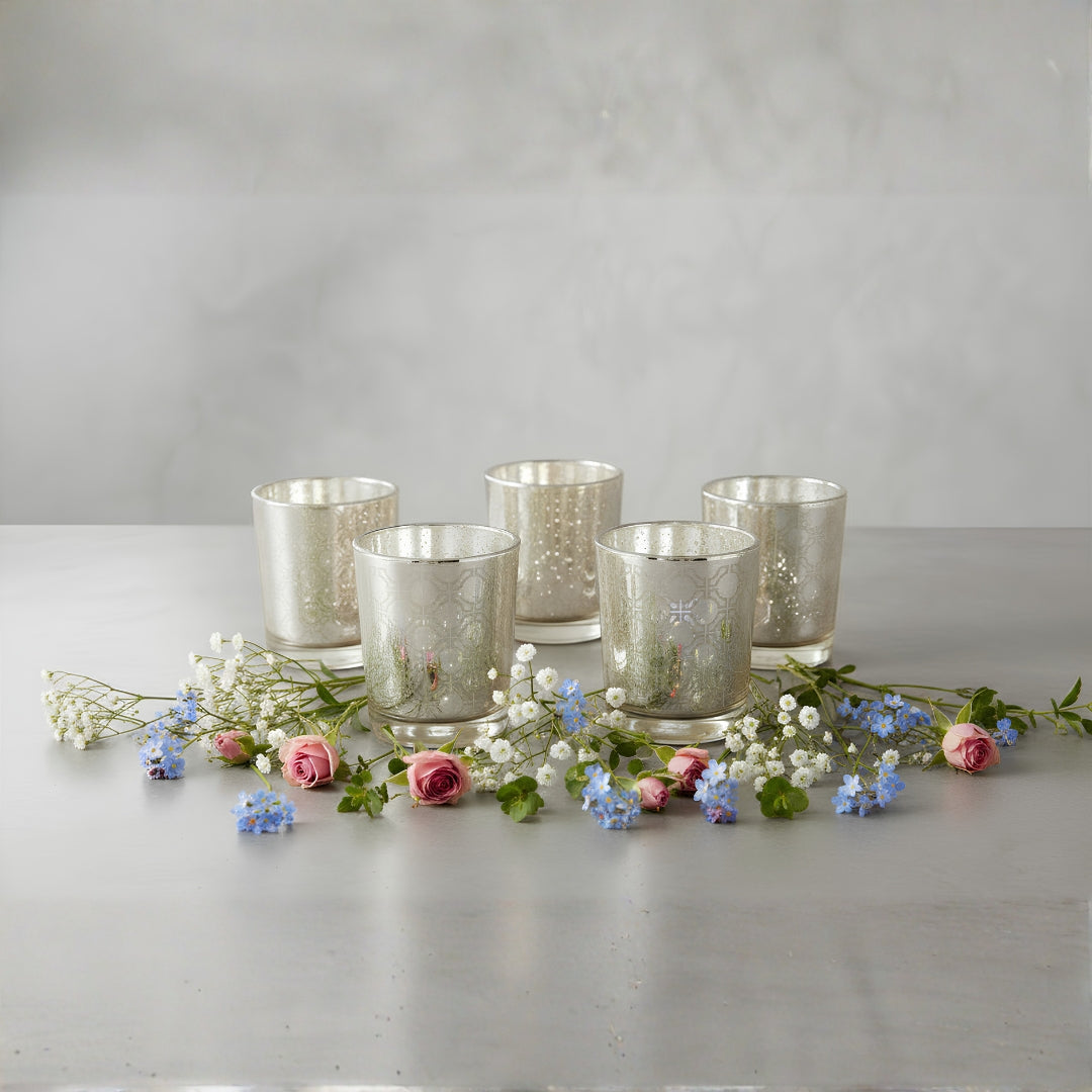 Etched MOsiac Silver Glass Votive Candle Holders - Elegant Small Set of 5