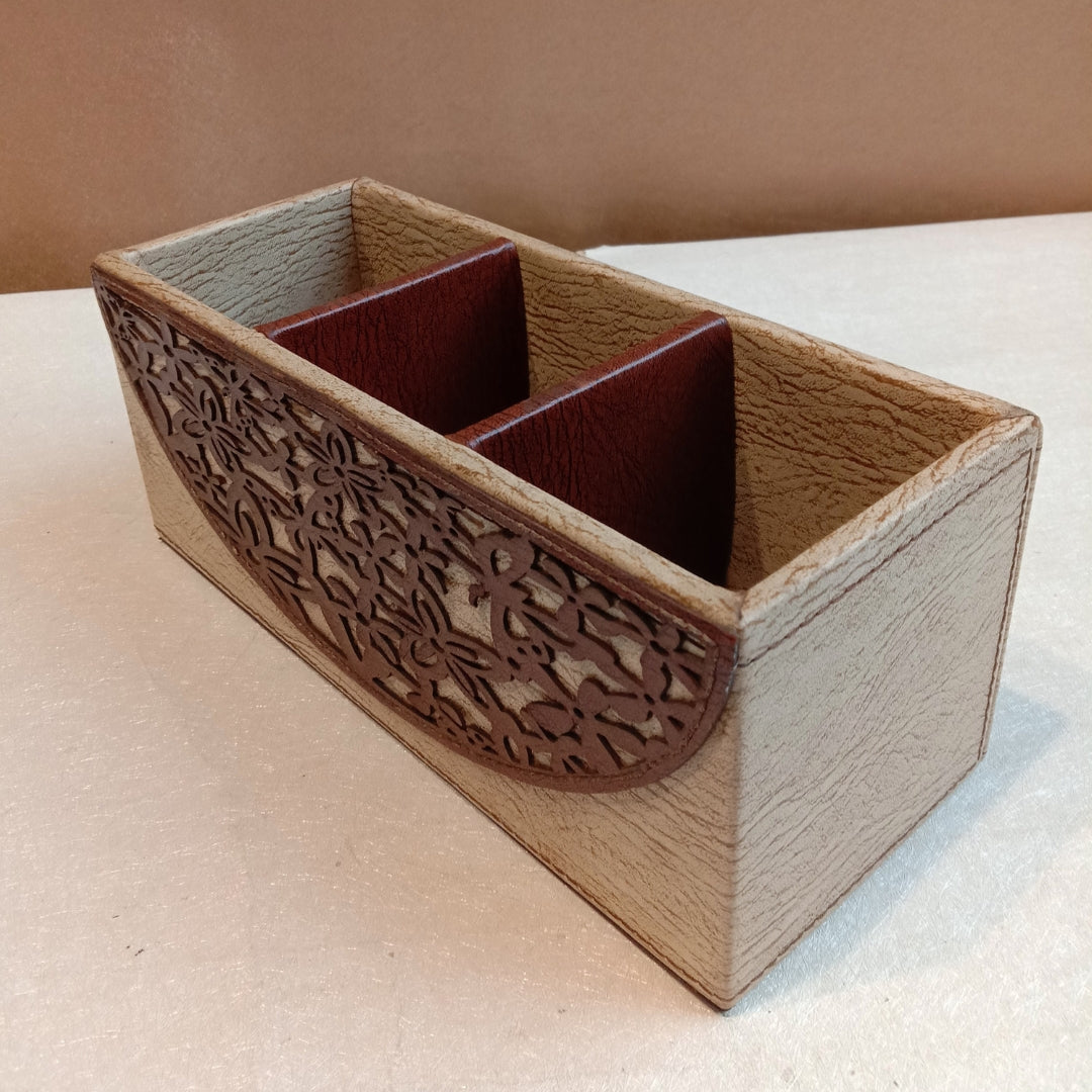 Wooden base with brown leatherette lazar cut