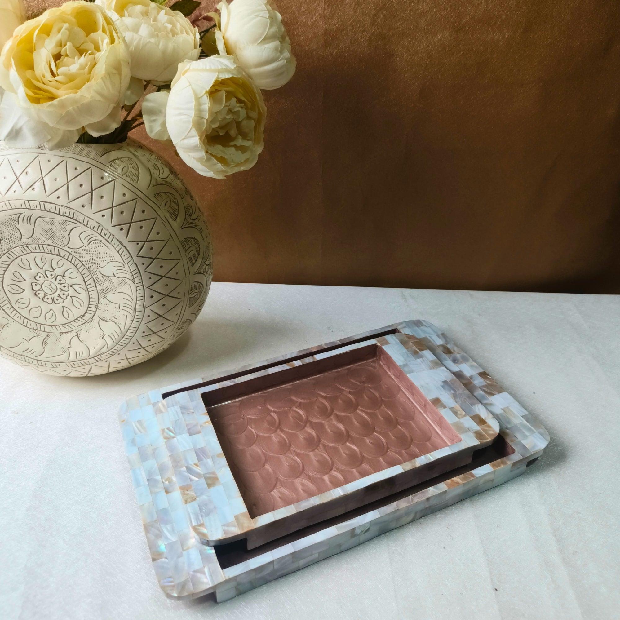 Rectangle Tray Set Of 2 - Wooden with White mother of pearl