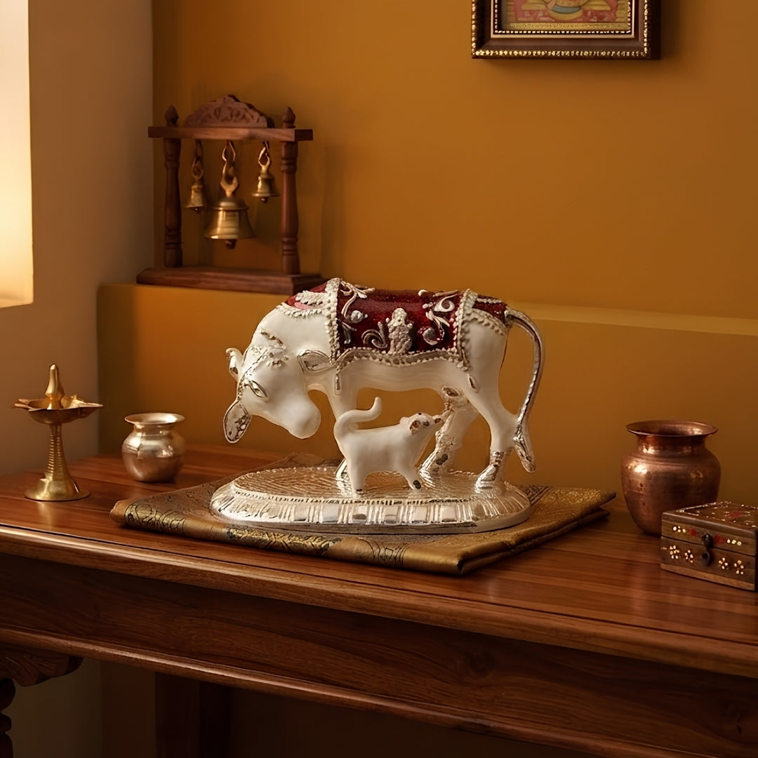 The Home Co. 999 Pure Silver Plated with meena Kamdhenu Cow & Calf Idol with Om Detail (4.5") | Single-Tone Om Showpiece in Premium Velvet Gift Box
