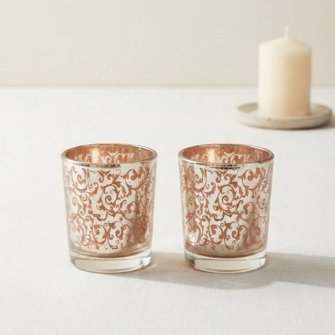 Etched Orange Glass Votive Candle Holders - Elegant Small Set of 2