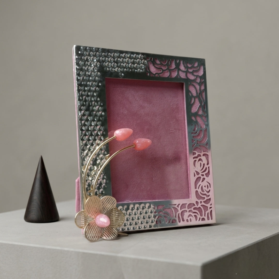 Silver Plated Hammered Photo Frame with Lotus Bud Accent | Premium Luxury Gift Box