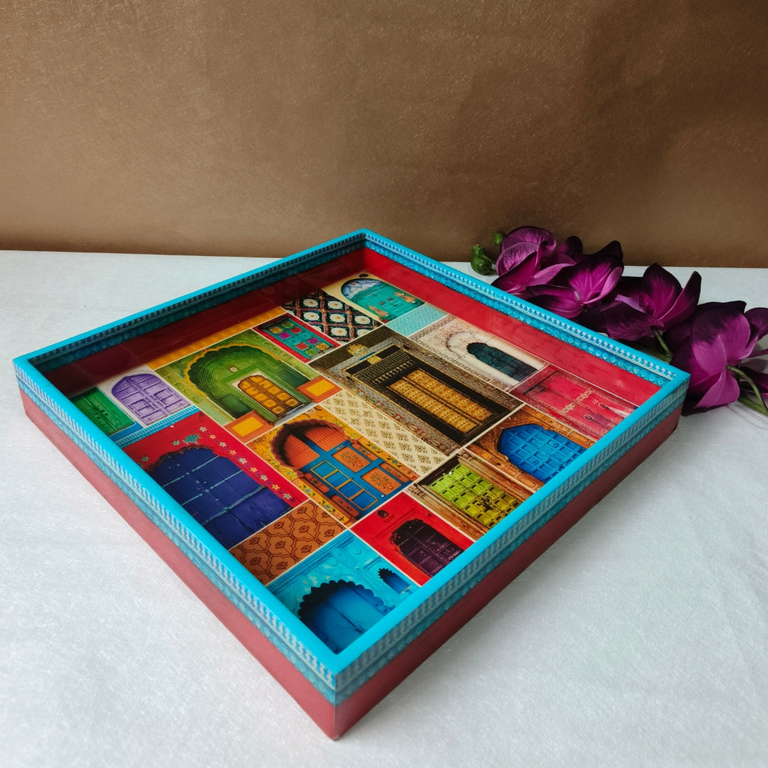 Mughal Print Design Enamel Square Tray