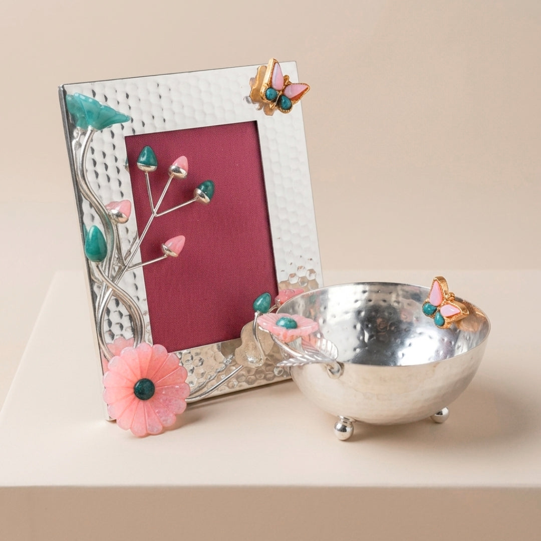 Silver-Plated Photo Frame & Bowl Set with Pink & Green Floral Motifs