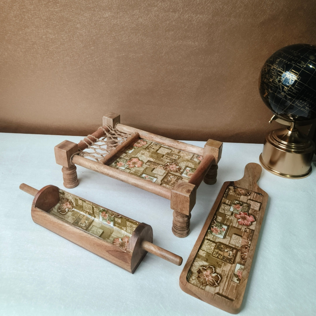 Green mughal print & enameled Wooden Khatiya Platter Set of 3 - khatiya platter , belan platter , bat platter