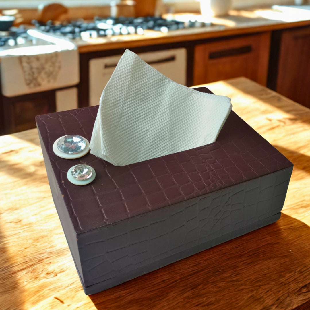 Tissue Box - Wooden Walnut Finish With Diamond Stone
