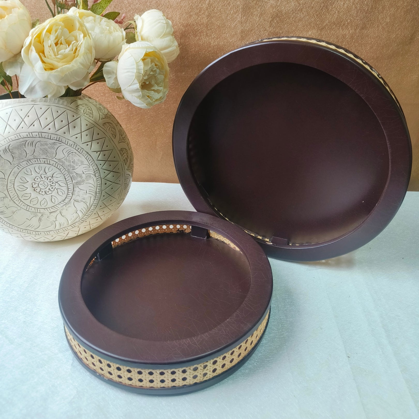 Wooden With rattan round tray set of 2