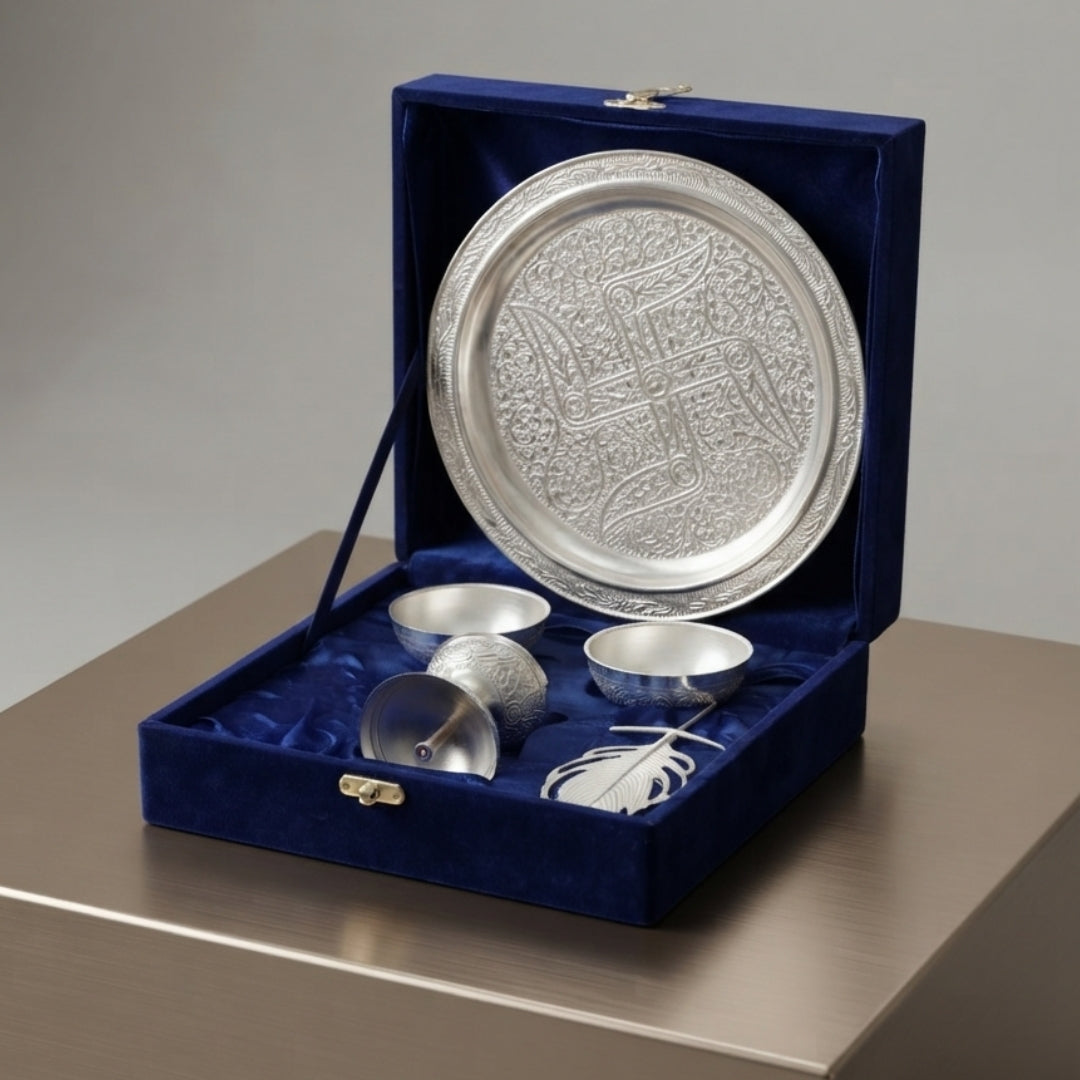 Silver Plated Pooja Thali Set with Swastik Design in Royal Blue Velvet Box