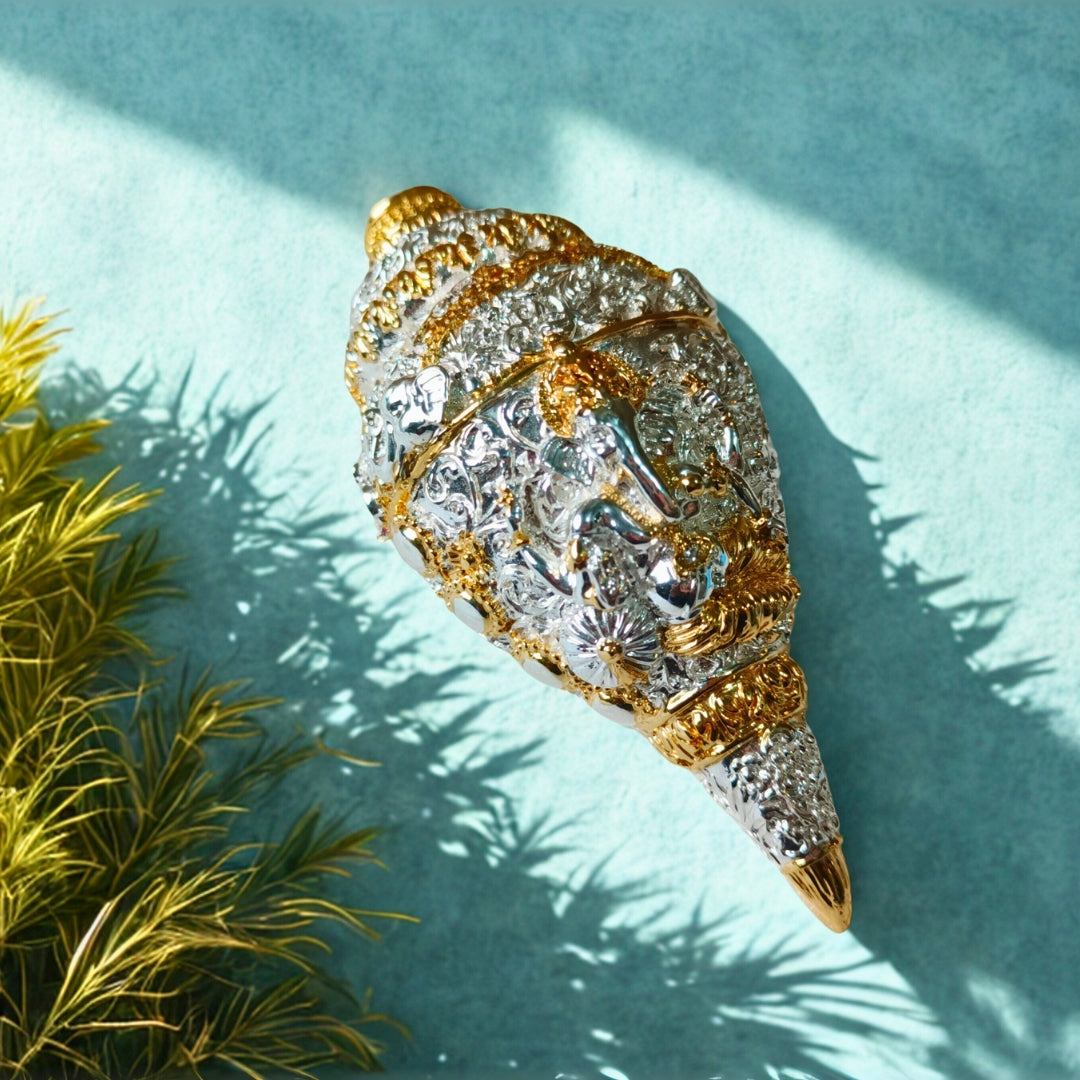 The Home Co- 999 Pure Silver Plated & 24K Gold Plated Ganesh Shankh Sacred 5 Inch Dual-Tone Conch Shell