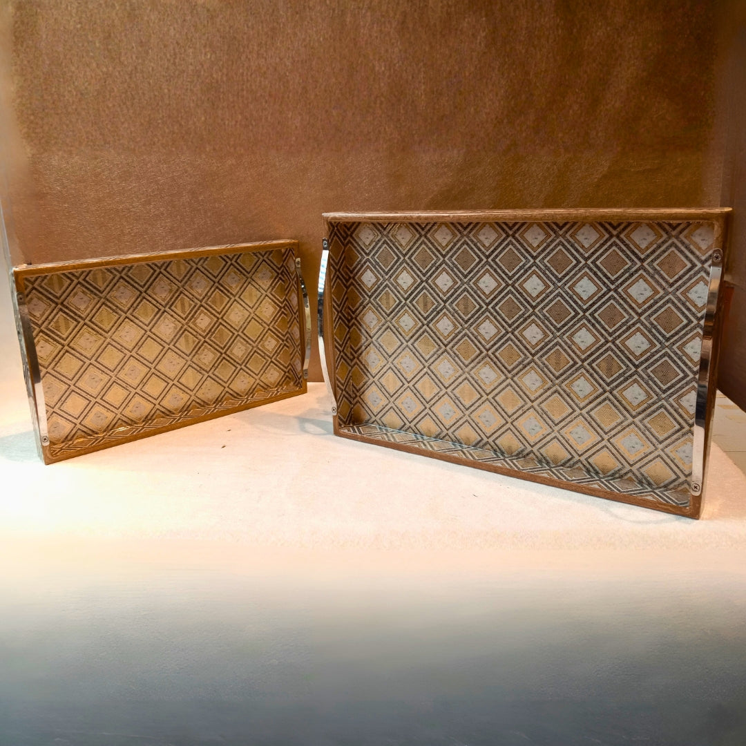 Tray Set Of 2 - Wooden Grey Diamond abstract print & Enamel Rectangle