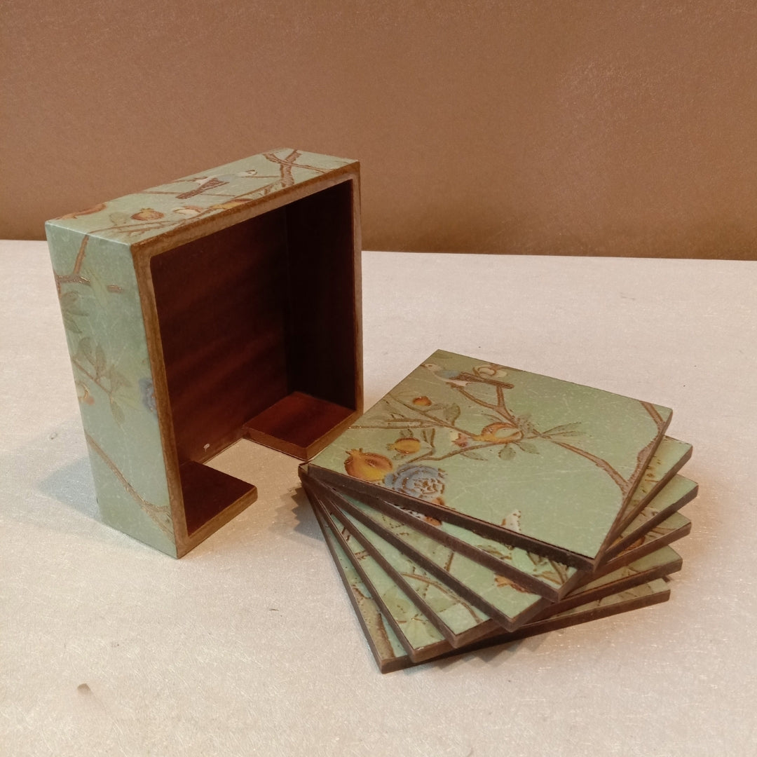 Table Coaster - green peacock & bird print & enamel set of 6