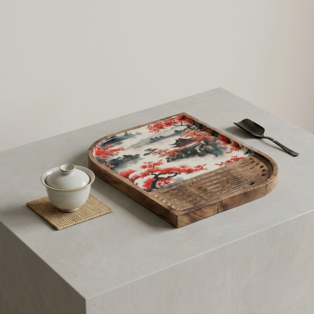Japanese Art Print Enamel & Ribbed Wooden Rectangular Platter