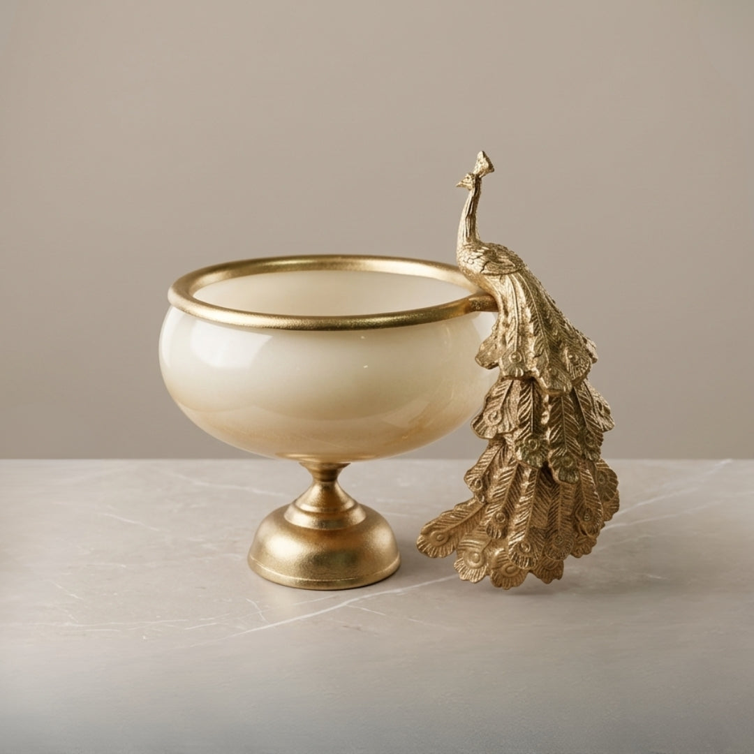 Handcrafted Glass Peacock Bowl with Premium Velvet Gift Box (Silver/Gold Trim)