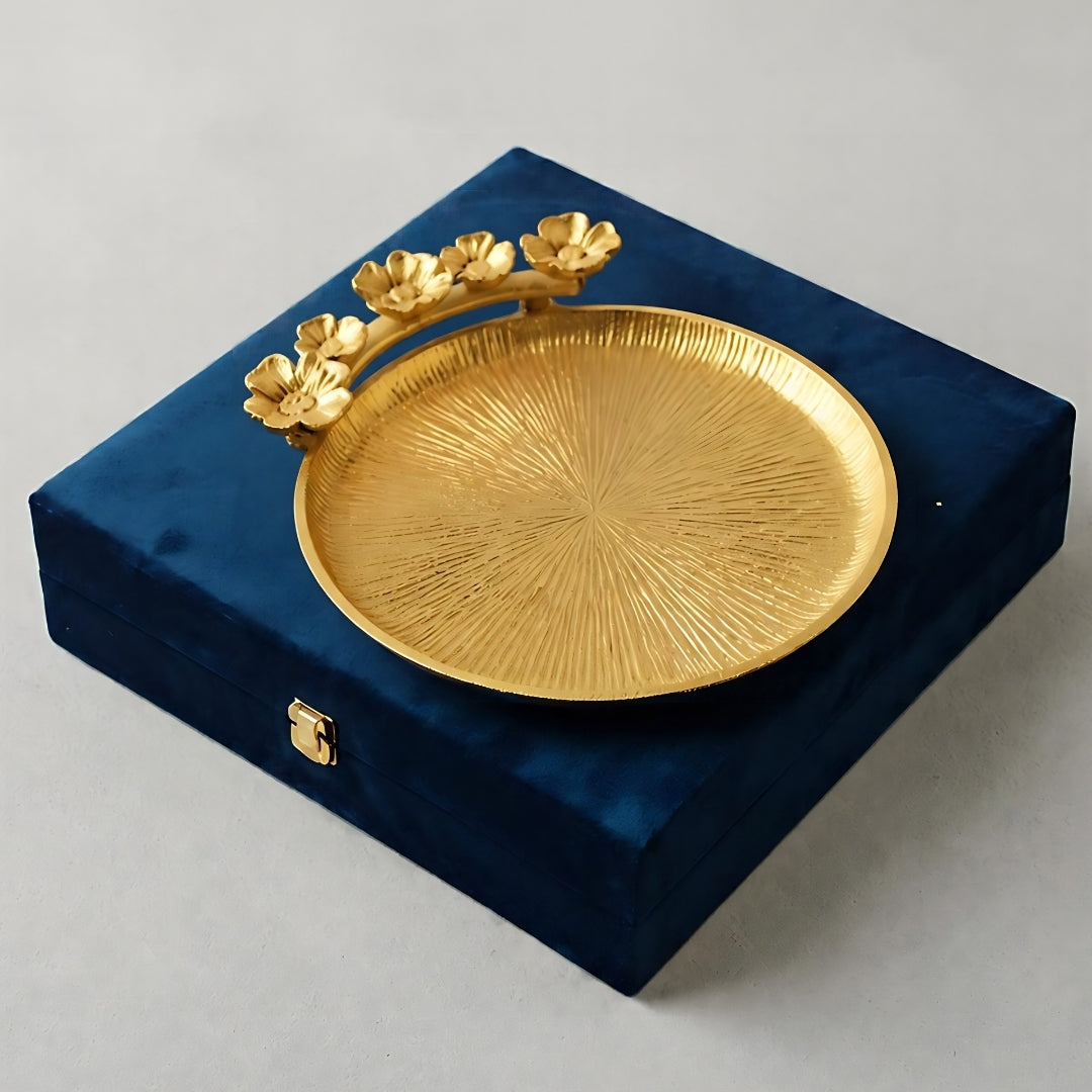 Decorative GOLD Floral Platter with Velvet Box