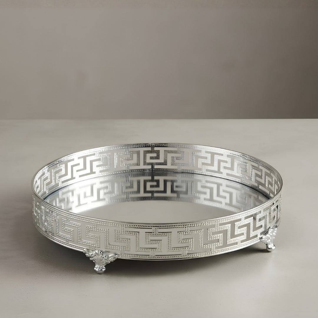 Silver Mirrored Decorative Round Tray with Greek Key Pattern - SMALL10"